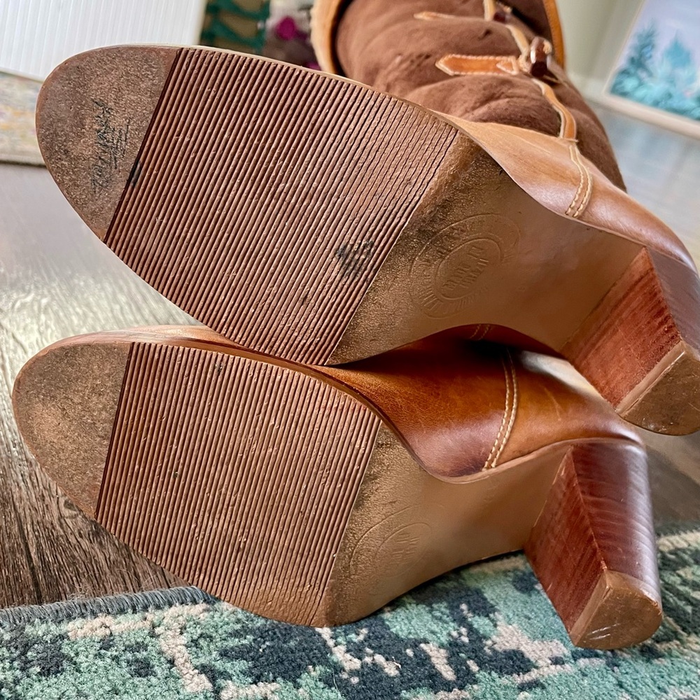 Vintage Brown Suede Cream Sherpa Lined Calf Height Heeled Boots Size 6.5 D - Picture 5 of 16
